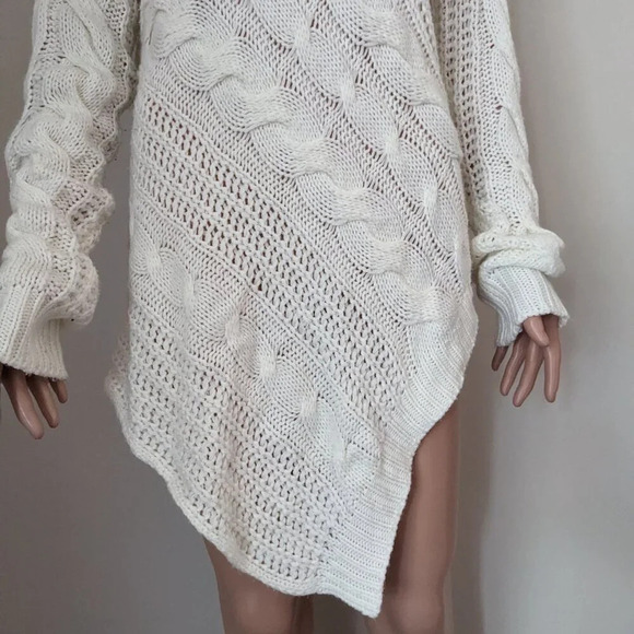 Lola B. Cable Knit Asymmetrical Turtle Neck White Sweater Dress Size L - Picture 5 of 10